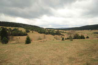 Údolí býv. Zhůří, vzadu hraniční hory Debrník (1336 m n.m.), Polom ( 1295 m n.m.)