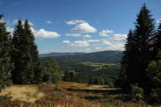 Vyhlídka Zelená hora (cca. 1150 m n.m.) pohled na okolí obce Srní a na Huťskou horu a Zhůří. 